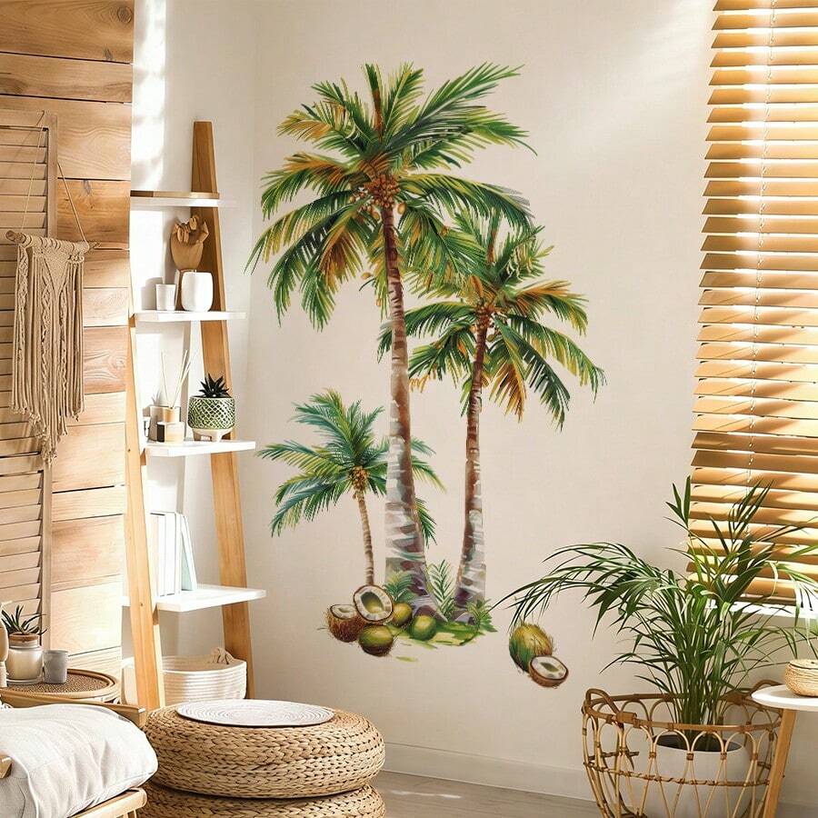 1pc Tropical Plant Coconut Tree Wall Sticker, Removable PVC Green Leaf Nature Art Decal, Bohemian Summer Jungle Themed Mural, Modern Minimalist Home Decor, Ideal For Living Room, Bedroom And Indoor Household Wall Decoration - 1PC - View 1