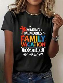 ropa de mujer Camiseta estampada para mujer, ideal para vacaciones de verano, playa, crucero, vacaciones en familia, una camiseta casual de manga corta y cuello redondo, perfecta para un atuendo informal. camisas de mujer - Negro - Ver 6