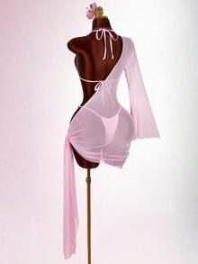 Women's 3 PiecesBeaded Swimsuit Set Including Sexy Halter Mesh Coverup, Suitable For Holiday Wear With Tie Details - Rosa - Visa 12