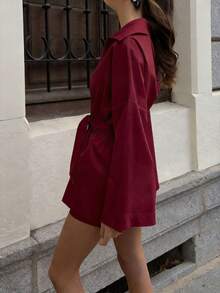 ELVA 紅色純色寬鬆長袖襯衫，商務休閒女款罩衫，教師襯衫，優雅休閒海灘罩衫冬季款 - 酒紅色 - 查看 4