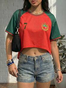 Women's Casual Portuguese Mesh Asymmetric Loose Short T-Shirt, Streetwear Style, Suitable For Summer And Spring, World Cup Red - Red - View 5