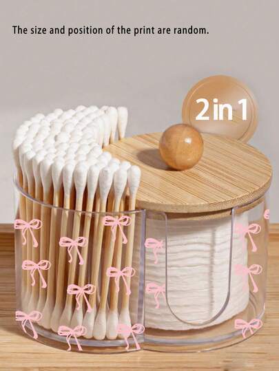 Hộp đựng đồ 2 trong 1 bằng nhựa trong suốt, nắp tre, họa tiết nơ hồng nhỏ, hộp đựng mỹ phẩm để bàn có hai lỗ tròn, hộp đựng mỹ phẩm hai ngăn trong suốt, hộp đựng đồ trang điểm hiện đại có nắp đậy, hộp đựng đồ trong tủ phòng tắm.