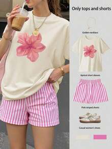 Conjunto de top de manga corta holgado con estampado floral y shorts a rayas para mujer, conjunto informal de verano de 2 piezas para mujer, traje de mujer, conjunto de verano para mujer, ropa de vacaciones, atuendo de viaje, estilo de playa, ropa de vacaciones minimalista - Multicolor - Ver 1