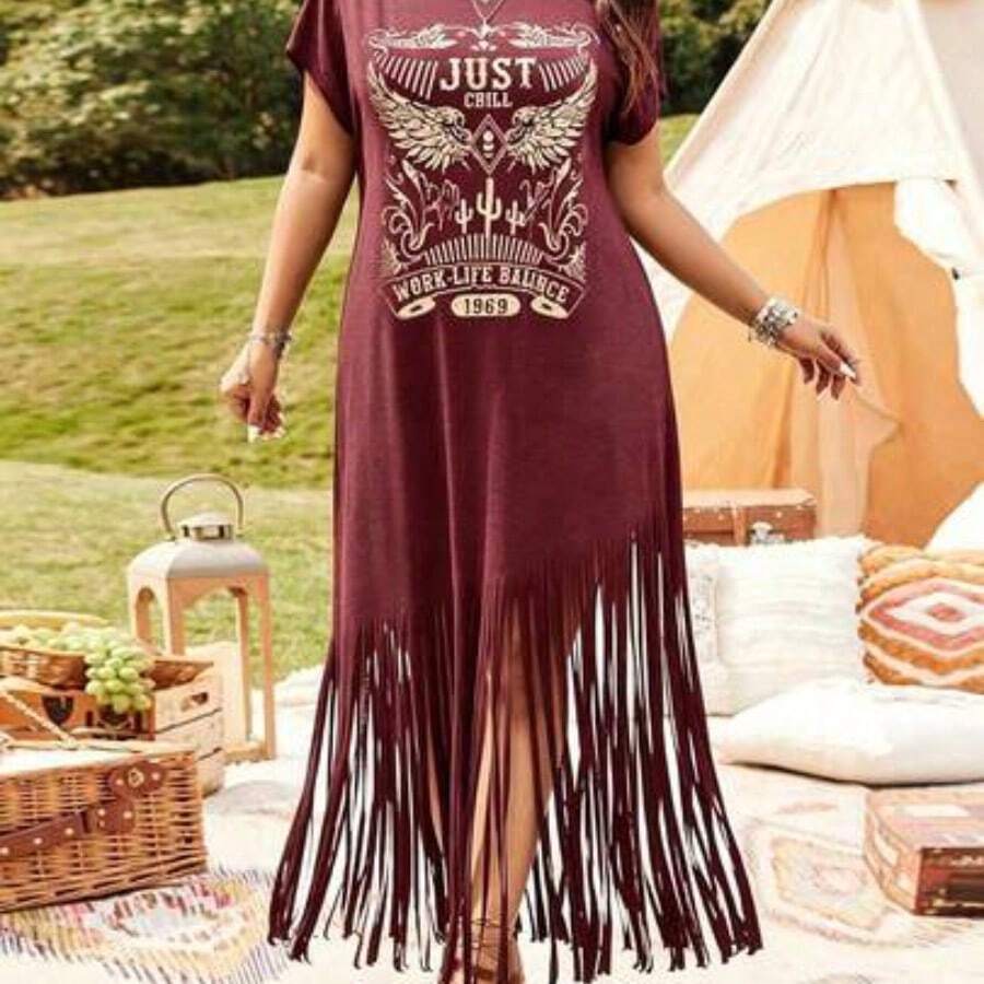 LUNE Plus Size Women Western Style Festival Casual Vacation Music Festival Placement Floral Print Fringe Hem Long Sleeve Dress, Spring/Summer - Color caoba - Ver 1