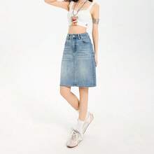 Women's High Waist Denim Midi Skirt Slim Fit Embossed Retro Style Casual Spring Summer Skirt - Blue - View 6