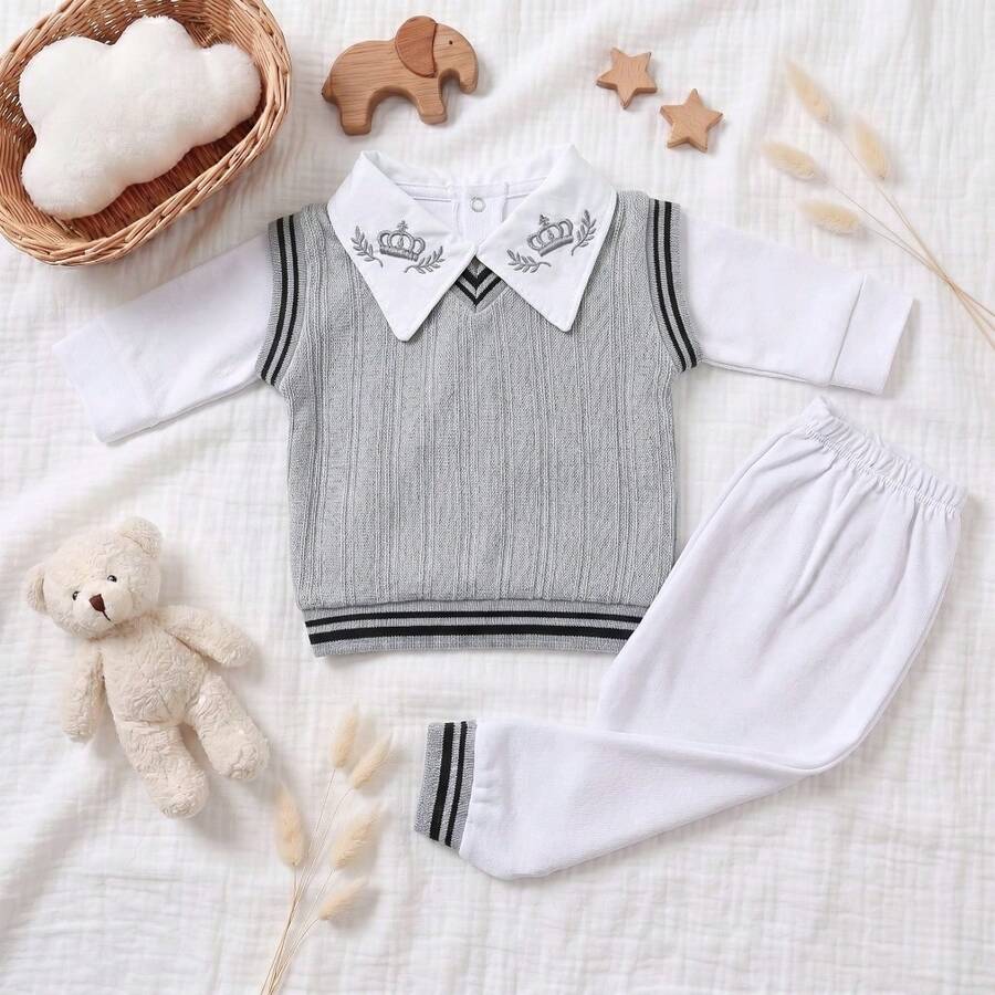 Pagan Baby Embroidered Collar Sweater Set, Sweater + Bodysuit + Pants, Size RN - 灰色 - 查看 1