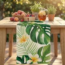 1 Stück tropischer Palmenblatt Tischläufer, hawaiianisches Federkranz-Blumenmuster Tischdekoration, geeignet für Zuhause und Partys - Grün - Übersicht 5