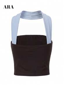 ARA CHIC Women's Colorblock French Style Open Shoulder Halter Neck Cropped Inner Top, Exquisite Backless Slim Fit Sleeveless Top, Suitable For Date And Vacation - Brown - View 8