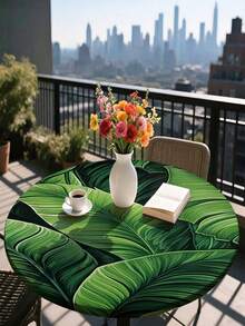 1pc Tropical Palm Leaf Tablecloth With Elastic Band, Polyester Hawaiian Green Leaf Round Tablecloth For Kitchen, Dining Room, Party, Patio Table - A - View 9