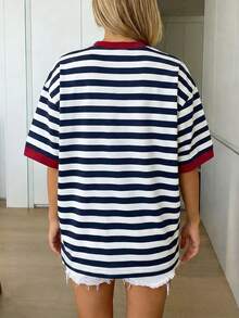 Striped Print Oversized Loose Fit Short Sleeve T-Shirt, Casual Vacation For Women Summer - Navy Blue - View 2