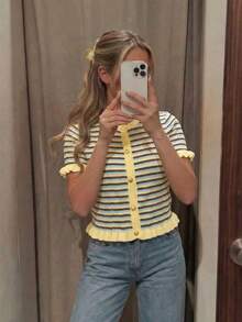 Plus Size Women's Summer Striped Patchwork Round Neck Metal Button Short Sleeve Knit Top, Paired With Cute Vintage Ruffle Decor, Suitable For Daily Dates And Photo Shoots. Striped Knit Top, Yellow Striped Knit Sweater, Summer Outfit, Multi-Color Striped Knit - Multicolor - View 8