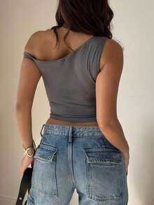 Top casual de manga corta con cuello asimétrico, plisado y unicolor negro - Gris - Ver 2