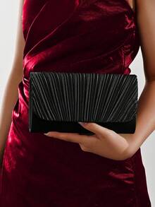 REMANLAND 1pc Black Satin Evening Clutch, Fashionable Korean Style Women's Metal Trim Elegant Party Handbag, Magnetic Closure, Shoulder Bag, Wedding Use - Black - View 1