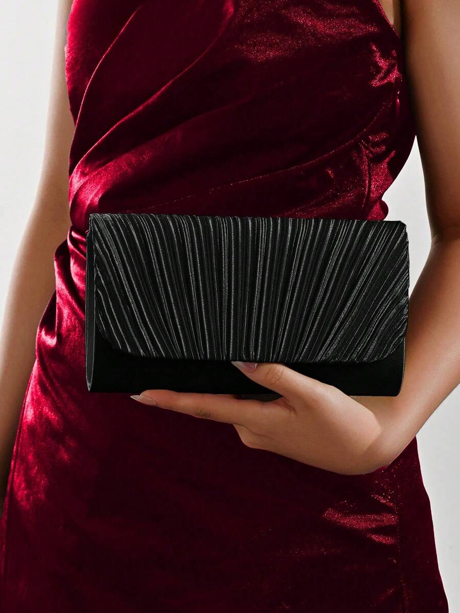 REMANLAND 1pc Black Satin Evening Clutch, Fashionable Korean Style Women's Metal Trim Elegant Party Handbag, Magnetic Closure, Shoulder Bag, Wedding Use - Black - View 1