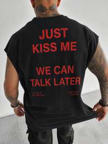 男士夏季休闲派对健身无袖背心，宽肩带，背面印有“Just We Can Talk Later”字样，红色 - 黑色 - 查看 2