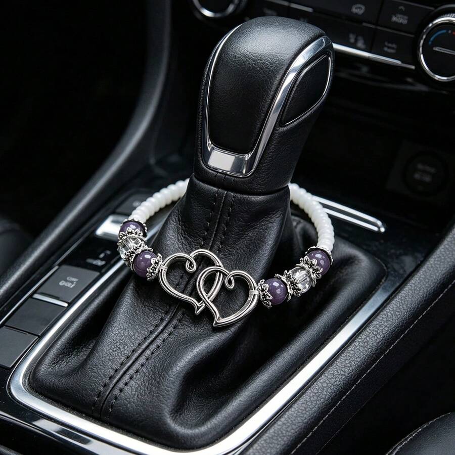 Retro Elegant Style Double Heart Glass Bead Car Steering Wheel Decor, Car Ornament, Car Gear Shift Knob Decoration, Suitable For All Vehicle Models - Car Ornaments - View 1