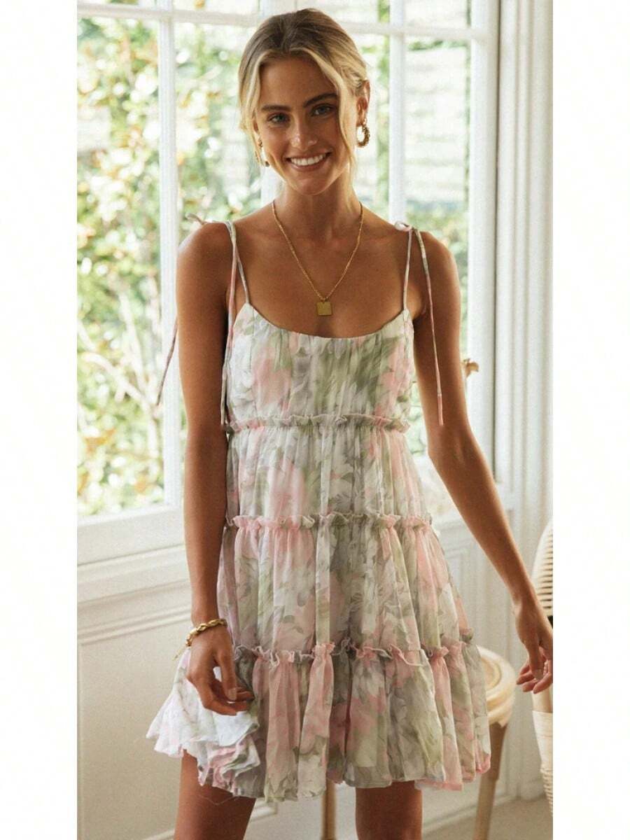 KZKZWK Floral Print Cami Mini Dress, Tiered Ruffle Hem, Casual Vacation Sundress - 粉綠 - 查看 1