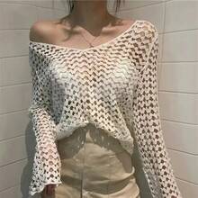Top de ganchillo transparente de manga larga para mujer, blusa de punto calada con bordado de corazón, jerséis bohemios, traje de playa para vacaciones de verano - BLANCO - Ver 4