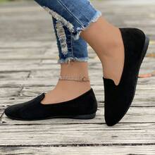 Fall/Winter Women's Fashion Simple Flats, Round Toe Slip-On Casual Shoes, Black Suitable For Work, Commuting, European Style, Flat Heel Pointed Toe Shoes, Maternity & Plus Size - Black - View 11