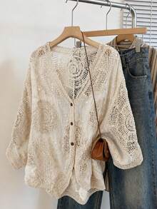 Women's Hollow Crochet Sequin Design, Solid Color Front Button Vacation Beach Top, Summer Coverup - Apricot - View 1