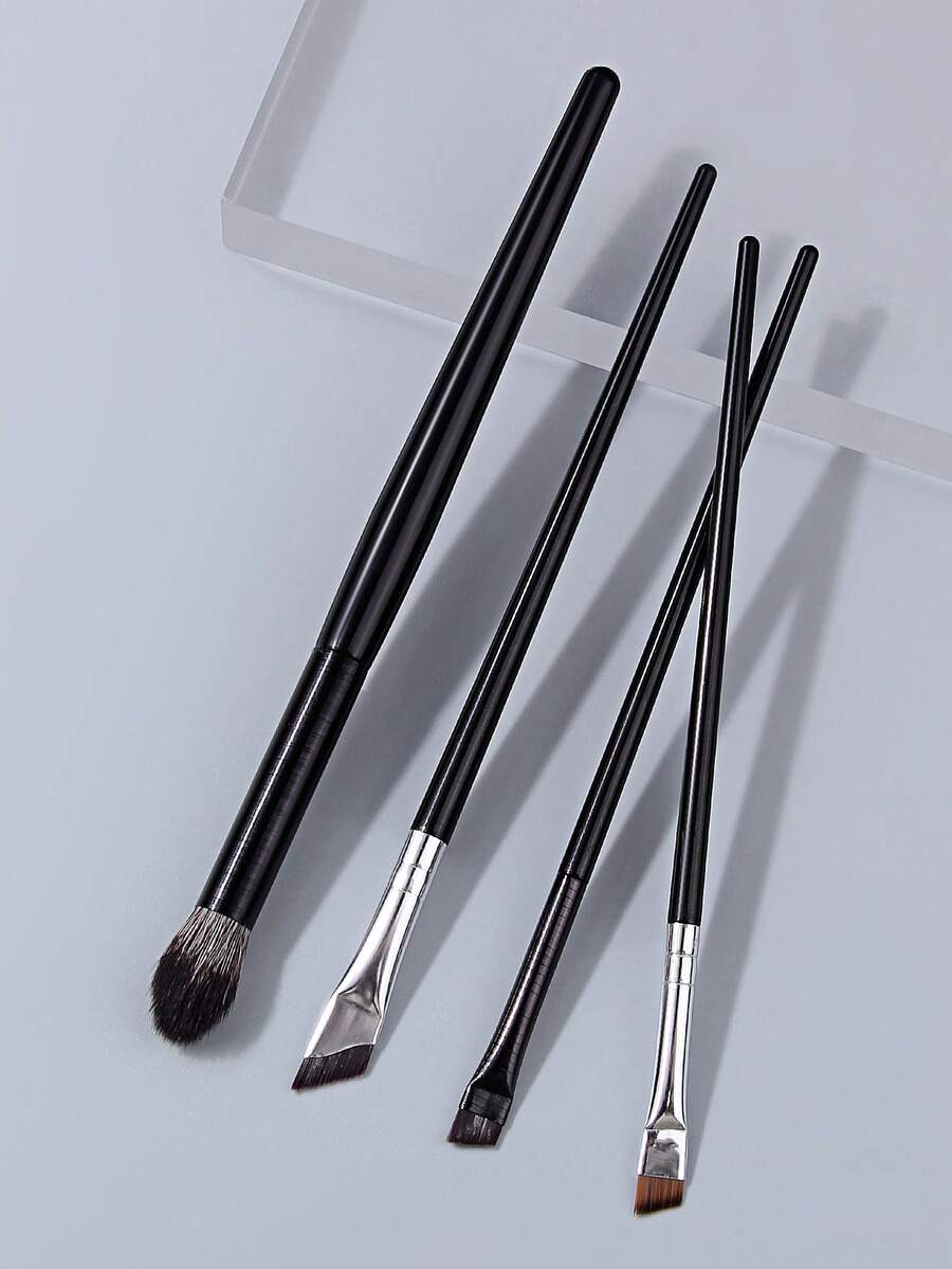 4PCS Professional Eye Makeup Brush Set, Black Handle Eyeshadow & Angled Eyeliner Brushes, Dense Ultra-Thin Hair For Delicate Eye Makeup & Sharp Liner