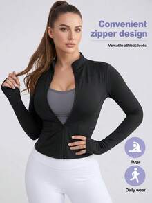 Women's Solid Color Stand Collar Activewear Jacket, Lightweight Full-Zip Yoga Jacket Suitable For Outdoor Running, Slim-Fit Design With Thumb Hole, Suitable For Indoor/Outdoor Sports - Gym Workout - Black - View 7