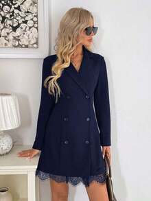 Vestido casual de otoño con doble botonadura, encaje en el dobladillo y falda acampanada, perfecto para look diario y salidas nocturnas - azul real - Ver 4