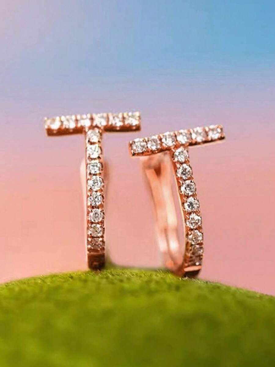 1 Đôi bông tai hình chữ T tối giản, tự nhiên, đa năng, đính đá Cubic Zirconia tổng hợp, thích hợp đeo hàng ngày, dự tiệc, làm quà tặng, trang sức. - Hoa hồng vàng - Xem 1