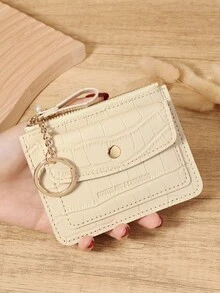 Monedero con cadena y patrón de cocodrilo en beige, mini monedero con cremallera y solapa con múltiples ranuras para tarjetas, bolsillo para monedas de cuero PU, unisex para uso diario y viajes, accesorio compacto y minimalista para regalo de cumpleaños o Navidad - Beis - Ver 7