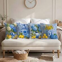 4pcs Set Simple Daily Blue & White Porcelain Lemon Pattern Throw Pillow Cover, Single-Sided Printed Peach Velvet Material, 45*45CM Cushion Cover Suitable For Modern Minimalist Sofa Living Room Decor, Gift, Party Decoration - Multicolor - View 5