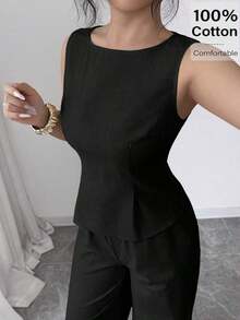Conjunto de dos piezas para mujer color beige sólido, chaleco sin mangas con diseño de nudo en la espalda y pantalones anchos de cintura alta, estilo elegante y versátil, ideal para oficina, reuniones, eventos, uso diario y salidas casuales en primavera, verano y otoño - Negro - Ver 4