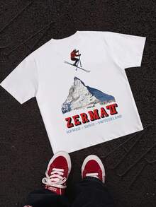 Men's Summer Daily Casual American Retro "Matterhorn-Skier" Graphic Round Neck Short Sleeve T-Shirt, Suitable For Home, Office, Outdoor, City, Regular, Street, Leisure, Youth, Minimalist, Campus, Versatile, Textured, Elegant, Personalized, Sports - White - View 3
