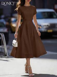 DONICY Women's White Textured Waist Belt Mid-Length Dress, Fashionable & Elegant For Spring/Summer, Suitable For Wedding Guest, Date, Casual Outing, Party - Coffee Brown - View 9