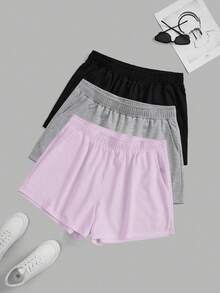 Pantalones cortos de motociclista con cintura elástica para mujer de talla grande, pantalones cortos de yoga para entrenamiento y correr de 3 piezas, lo mejor para verano de poliéster - Rosa - Ver 6