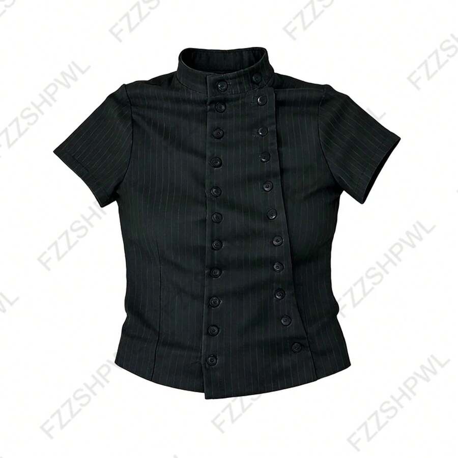 Top corto gótico Harajuku Y2K para mujer, camiseta informal ajustada a rayas con lazo de encaje y diseño de botones, ropa de calle elegante a la moda - Negro4 - Ver 1