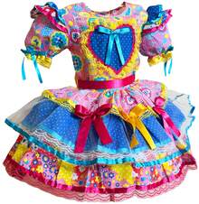 Brazilian Girl's Neon Heart Plaid Dress For June Festival, Ruffled Outfit, São João Quadrilha Dance, 2026 - Nhiều màu - Xem 5