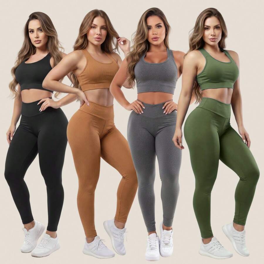 Combo Of 4 Sets Of Leggings, Gym Workout, Supplex Top And Pants A01 Plain - ĐEN-XÁM-XANH LÁ CÂY-MOUSSE - Xem 1