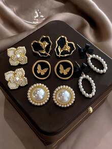 5 Pairs Vintage French Elegant Geometric Circle Heart Bow Faux Pearl Earrings, Versatile For Women Daily, Festival, Party Wear - Five-piece Set C - View 1
