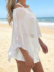 LUNA Capa de punto para mujer con hombros descubiertos y bajo irregular, ideal para usar en capas o para vacaciones en la playa. - Blanco - Ver 3