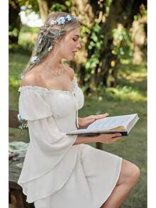 Vestido de Hada Renacentista para Mujer, Verano 2026, Estilo Boho, Hombros Descubiertos, Corsé Fluido, Vestidos Mini - Blanco - Ver 2