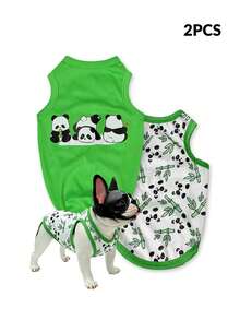 LUCKIE LABO 2pcs/Set Green Cute Panda & Bamboo Print Pet Vest, Physical Anti-Flea, Reduce Shedding, Insulation, Breathable For Small/Medium Dogs & Cats Indoor/Outdoor - Multicolor - View 12