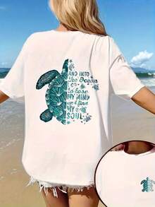 A Y2K-Style Women's Casual Sports T-Shirt With A Sunny Double-Sided Turtle Print, Perfect For Beach Holidays And As A Birthday Gift. - White - View 1