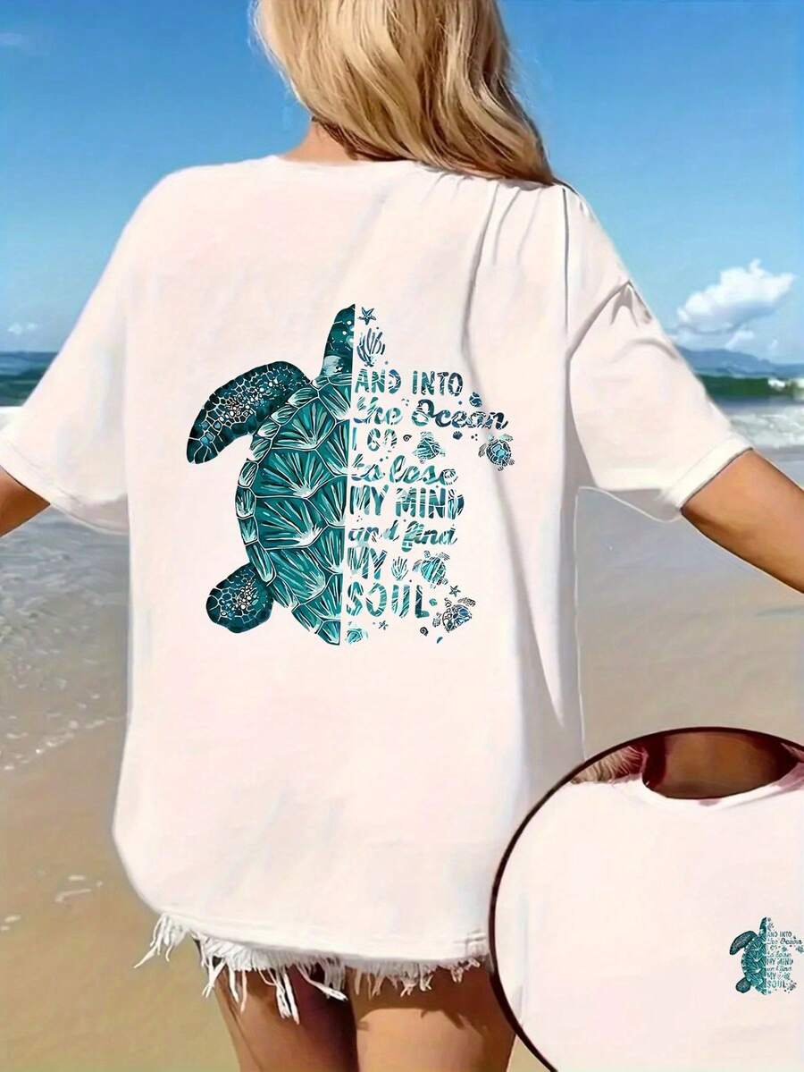 A Y2K-Style Women's Casual Sports T-Shirt With A Sunny Double-Sided Turtle Print, Perfect For Beach Holidays And As A Birthday Gift. - White - View 1