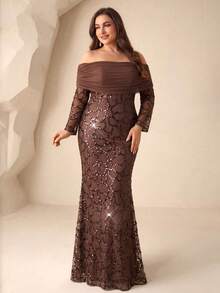 [Cắt ngẫu nhiên] Đầm sequin tay dài lệch vai, eo thắt - màu nâu - Xem 2