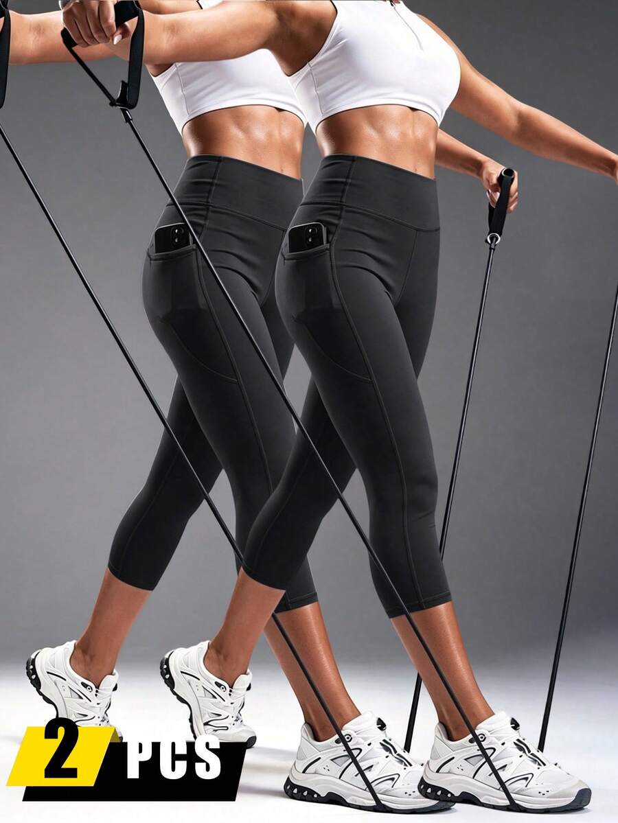 2pcs/Set Leggings deportivos para mujer, pantalones de yoga ajustados, mallas de compresión de 3/4 de largo para fitness y running