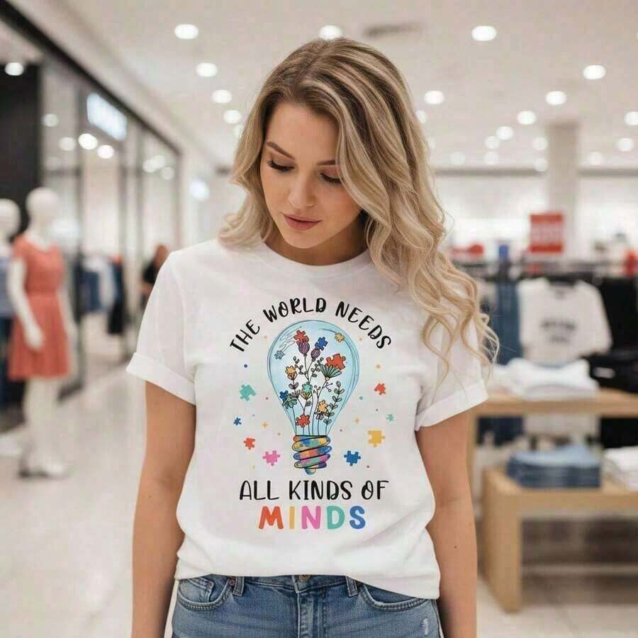 New Women's Summer Casual Cotton T-Shirt With "The World Needs All Kinds Of Minds" Print, Sizes S-5XL, Casual Daily Wear, Black Graphic T-Shirt, Soft And Comfortable Fabric, Loose Fit, Round Neck, Autism Awareness Design, Fashionable Top For Ladies - Unisex Cotton Short Sleeve Round Neck T-Shirt, Vintage Urban Style. - 白色 - 查看 1