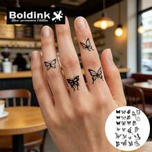 Boldink 2张黑白蝴蝶图案临时纹身贴纸，防水，可持续1-2周，植物配方，温和亲肤，完美日常配饰，中式风格男女皆宜的礼物 - 黑色 - 查看 2