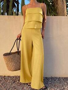 Conjunto de 2 piezas de top con volantes de tirantes amarillo y pantalones casuales para vacaciones de verano para mujer - Amarillo - Ver 5