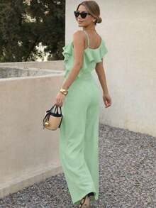 A&DD FASHION, Reference Number: Y493 - Set, Women's Two-Piece Suits, High-Waisted Wide-Leg Pants, Trousers, Camisole, Crop Top, Ruffled Hem Design, Comfortable To Wear, Sophisticated Look, High Quality, Stylish Look, Versatile, Elegant Style, Two-Piece Suits, Casual Chic Look, Comfortable And Stylish, Pants With Pockets, Elegant Suits, Perfect For Spring And Summer, Blogger Style, Casual And Formal, Suitable For All Occasions, Elegant And Fashionable, Feminine Look, Summer 2025 Collection. - 綠色 - 查看 4