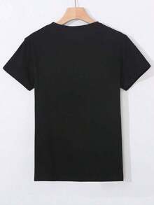 blusas elegantes dama, blusas para mujer,playeras de mujerCamiseta de mujer con gráfico de estampado de letras y cuello redondoPure Cotton Short-Sleeve Shirt - Negro - Ver 2